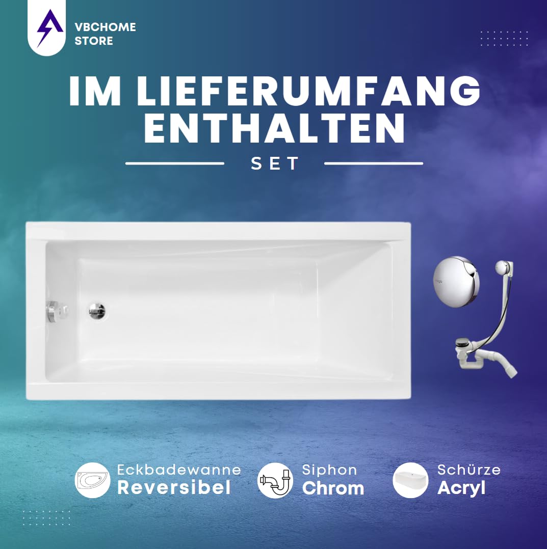 VBChome bañera 130x70 cm acrílico SET delantal sifón bañera acrílica rectángulo diseño blanco pies de baño modernos desagüe cromo simplex