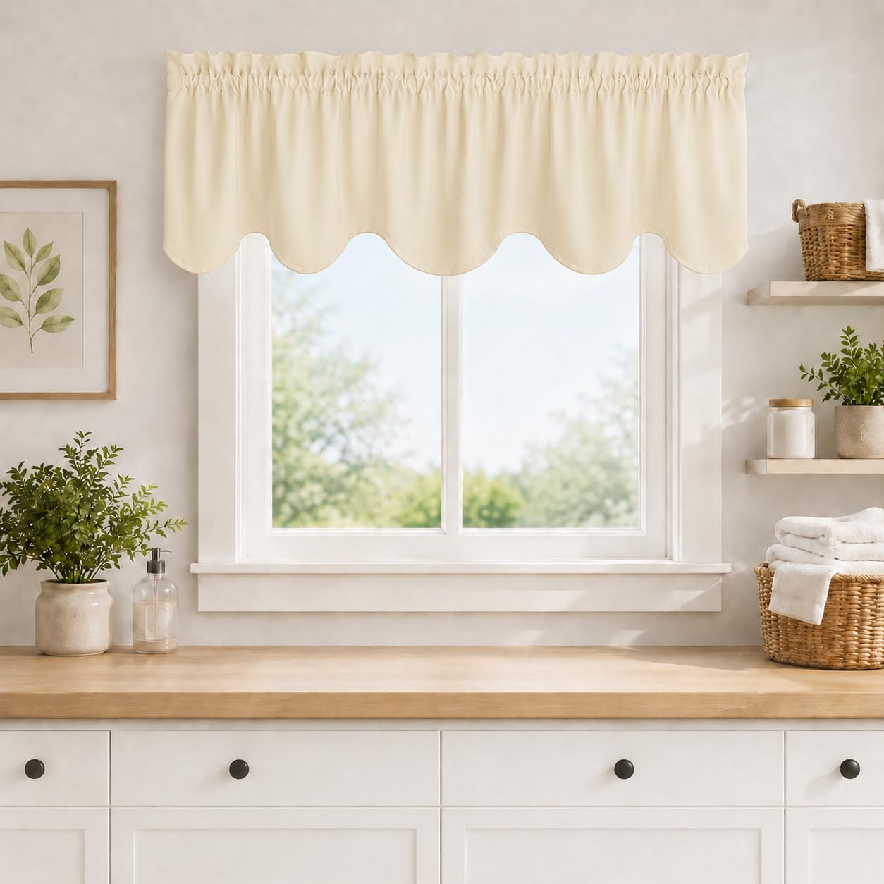 Aquazolax Window Treatments Curtain Valance Rod Pocket Top Scalloped Valance Drapes for Bedroom Windows, 52" Wide x 18" Long, Beige, One Panel
