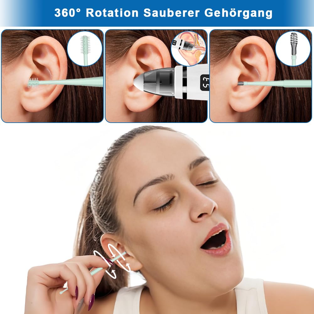 Aohcae Ohrenschmalz Entferner Sauger，360 Grad Ohrensauger Ohrenschmalz Entferner Ear Cleaning Kit für Kinder Haustier und erwachsene