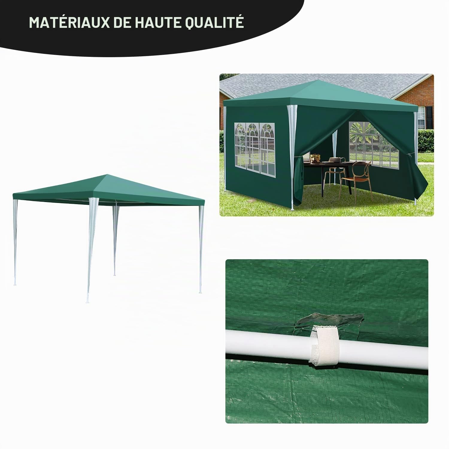Tonnelle de jardin étanche, 3 x 3 m, avec 4 parois latérales et fenêtres, protection anti-UV 50+, tente de réception pour fête, stand de marché, festival, marché aux puces et camping, vert