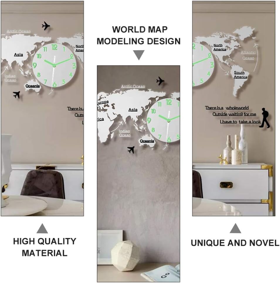 HEALLILY World Map Wall Clock World Map Digital Hanging Clock Glow in The Dark Wall Supplies for Office Home 80cm Silver