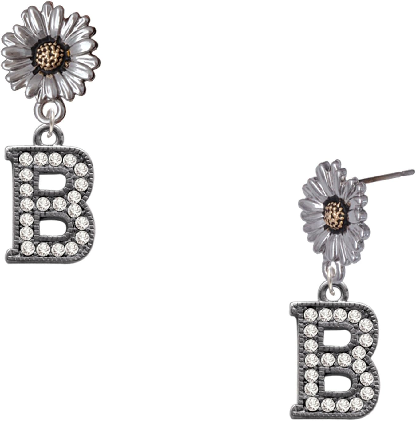 Delight Jewelry Black Nickeltone Crystal Initial - Beaded Border - Two-tone Daisy Flower Post Earrings