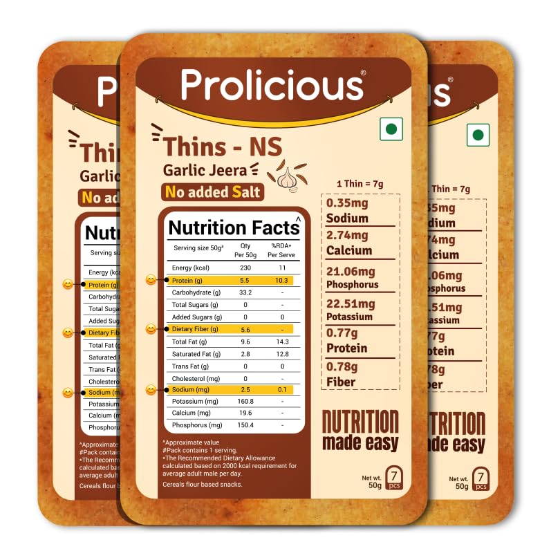 Image of Prolicious Garlic Jeera High Protein Thins - NS | NO Palm Oil | Crispy & Nutritious Snack Chips (50g Pack of 3)