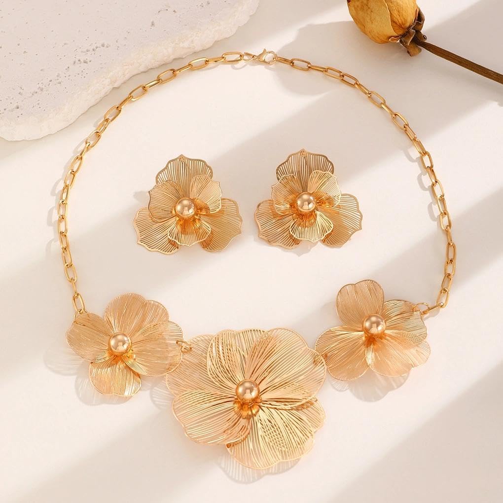 Chunky Gold Flower Necklace Earrings Set for Women,Vintage Texture Ginkgo Leaf Statement Stud Earrings,Trendy Brides Wedding Jewelry Accessories Gift - Image 6