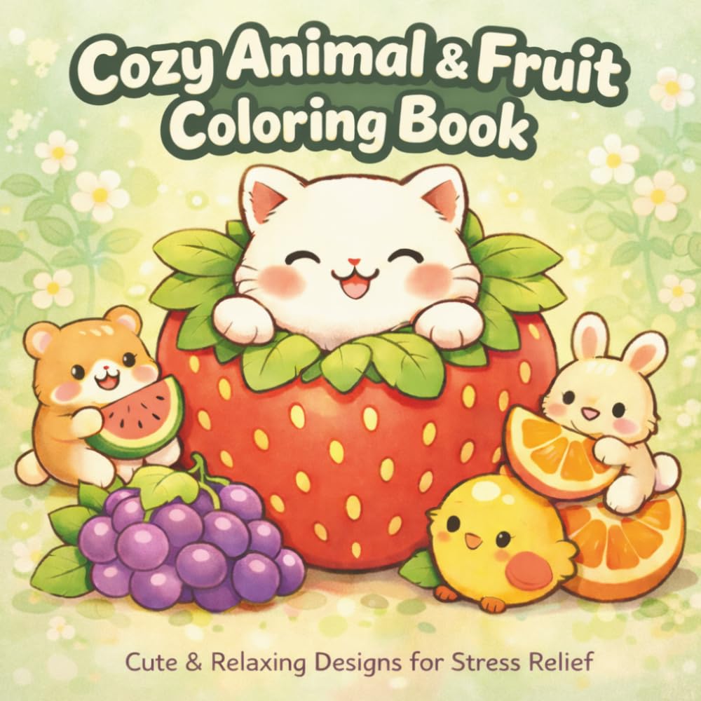 Cozy Cute Animal & Fruit Coloring Book: Bold and Easy Kawaii Designs for Beginners, Relaxing Coloring Pages for Stress Relief