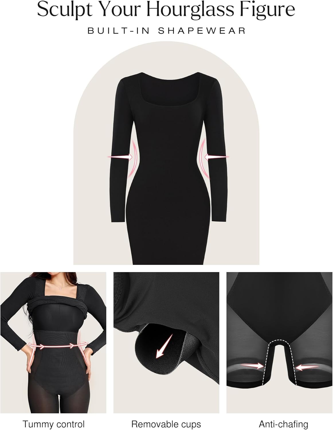 Popilush Cocktail Dress Long Sleeve Square Neck Midi Dress Shapewear Tummy Control Bodycon Dress Party Evening Built in Bra - Image 4