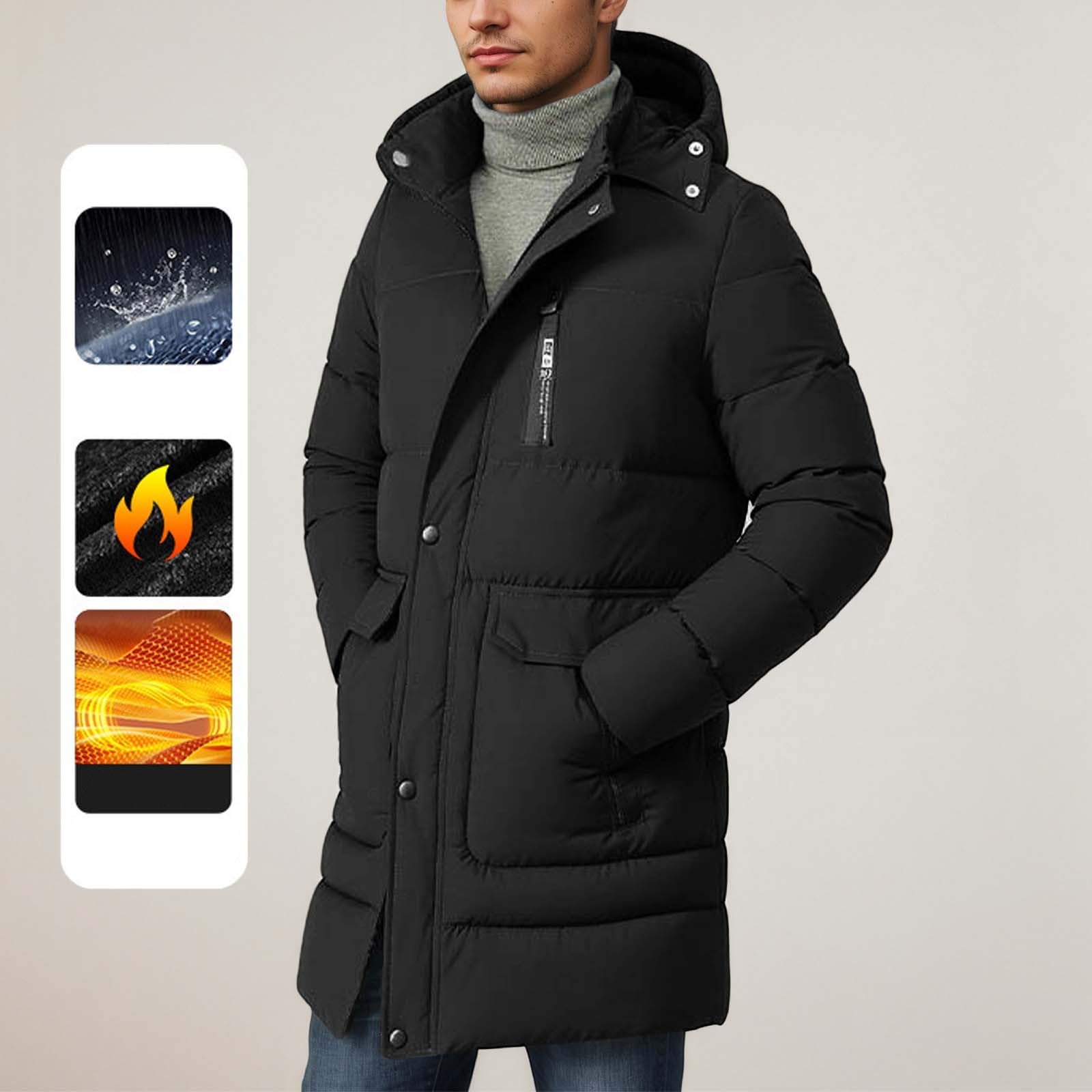 Piumino da uomo, lungo, invernale, con cappuccio, lungo, antivento, trapuntato, cappotto invernale da uomo, parka di media lunghezza, invernale, caldo, parka invernale con cappuccio, colore