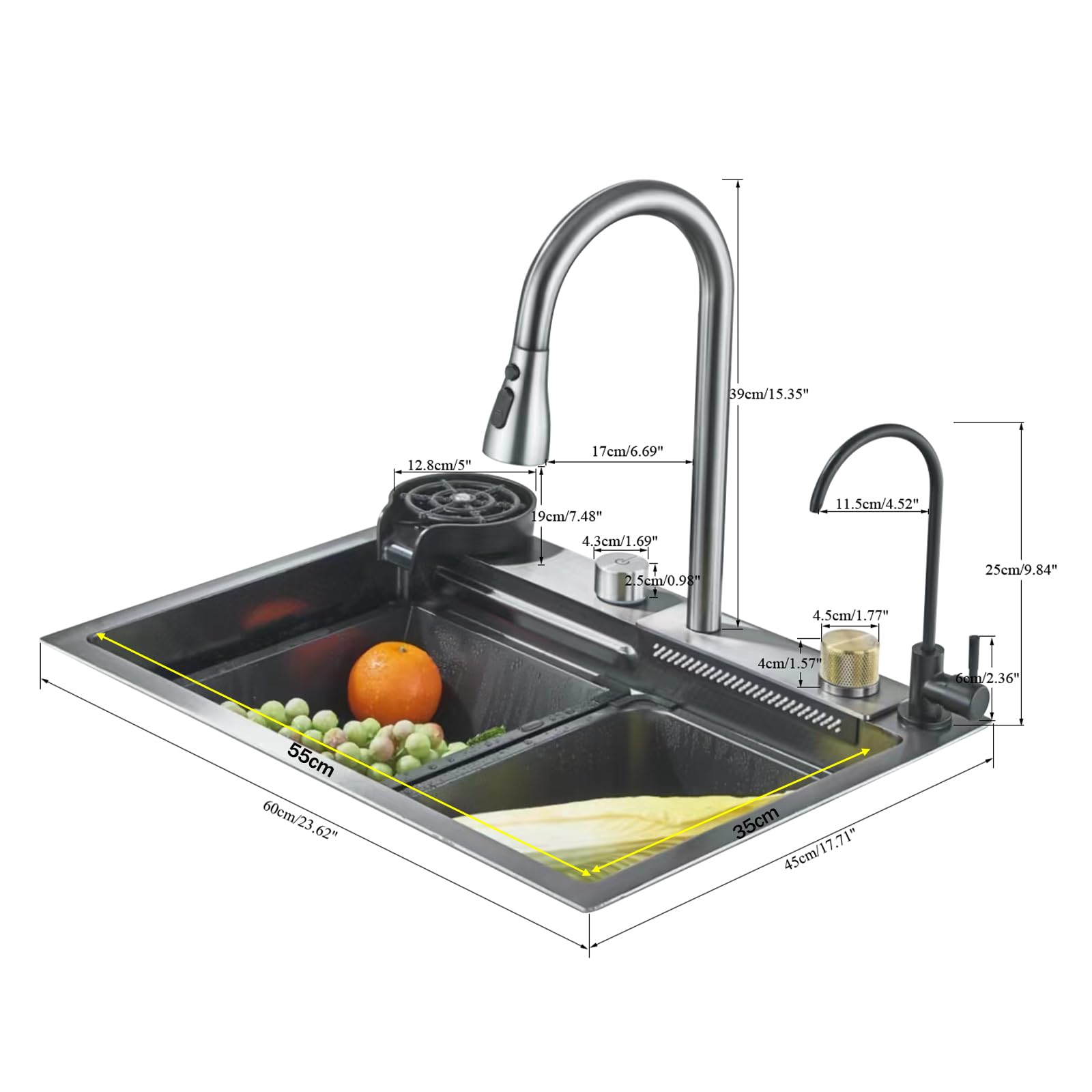 Lavello da cucina multifunzione con alta pressione, rubinetto estraibile e acqua pura risciacquo, 60 x 45 x 21 cm, automatico lavello 1 vassoio con scolapiatti