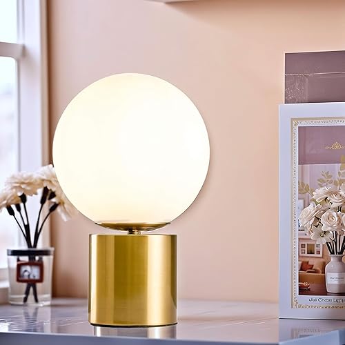 Lámpara de mesa moderna de globo dorado de 11 pulgadas, lámpara de mesa redonda vintage de mediados de siglo con pantalla de vidrio blanco, base de