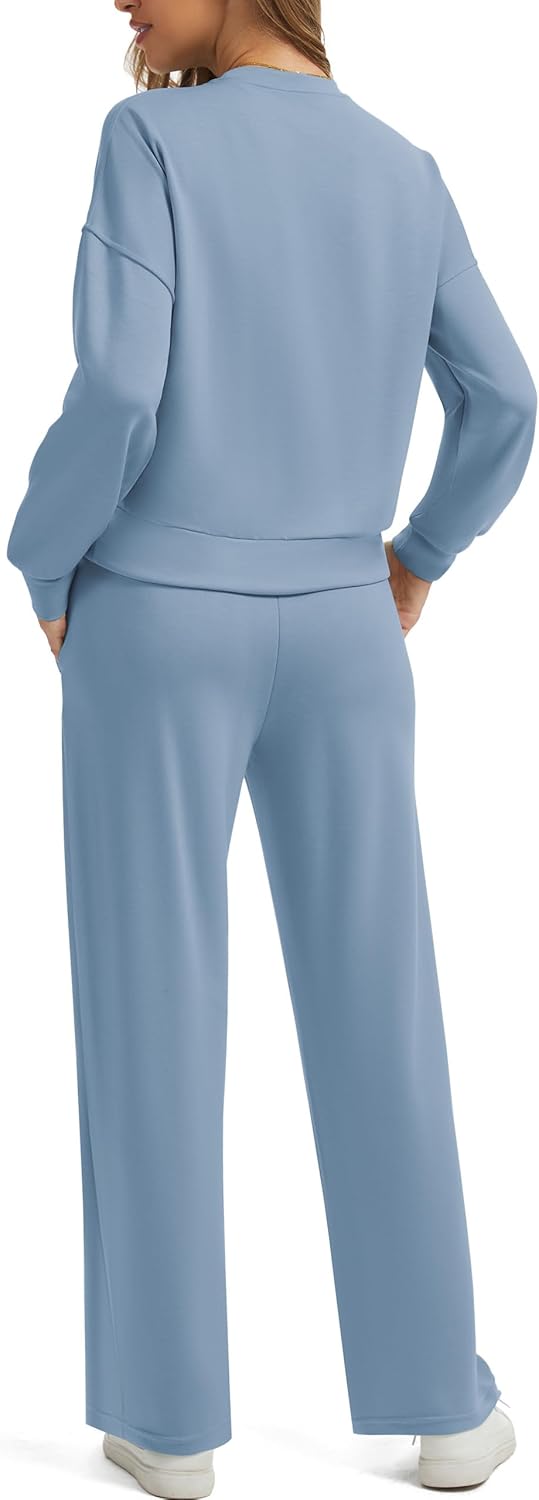 Womens Sweatsuits 2 Piece Sets 2026 Spring Travel Vacation Outfits Long Sleeve Wide Leg Pants Lounge Sets - Image 3