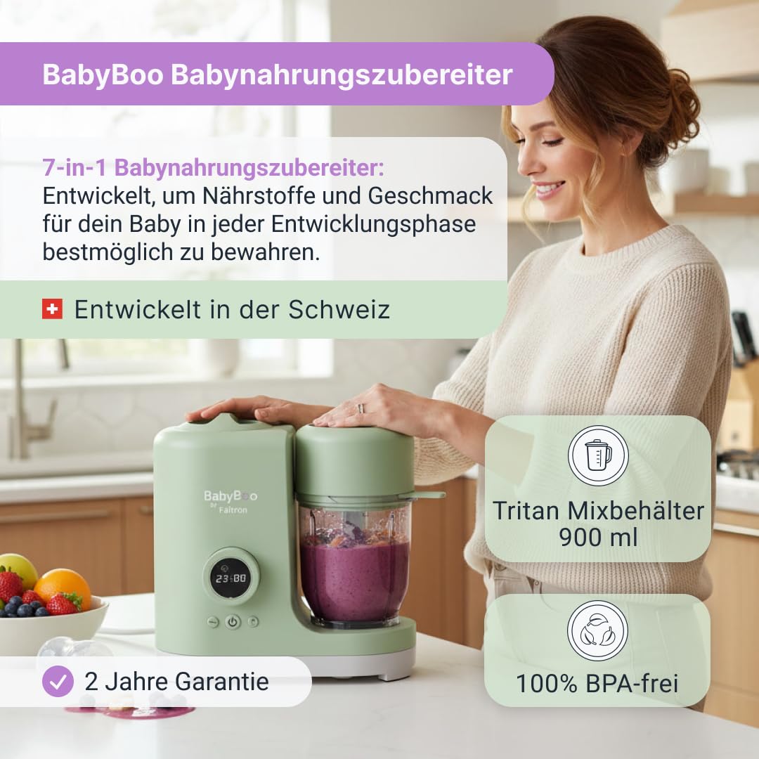 BabyBoo Babynahrungszubereiter 7-in-1, Dampfgarer & Mixer, 300W, Edelstahlkorb, Tritan-Behälter, Digitaldisplay