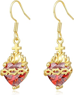 Sacred Heart of Jesus | Immaculate Heart of Mary Dangle Earrings for Women,Cubic Zirconia Gemstone Earring Religious Jewelry Gift
