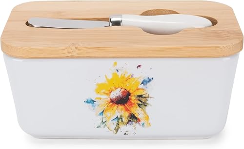 Nat & Jules Dean Crouser - Plato de cerámica de cerámica de 12 libra, 2 barras de mantequilla con tapa hermética de bambú y cuchillo, soporte para