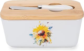 Nat & Jules Dean Crouser Ceramic Stoneware 1/2 Pound, 2 Sticks Butter Dish with Airtight Bamboo Lid & Knife, Kitchen Container Holder Refrigerator Storage Countertop Organization, Watercolor Sunflower