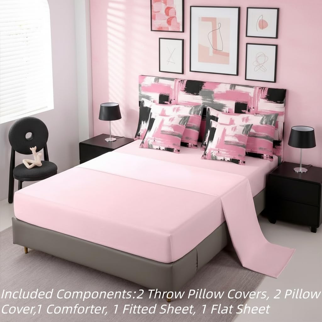 Erosebridal 7 Pieces Pink and Black Abstract Comforter Set Queen Black and Pink Comforter Set for Kids Girls Women Geometric Modern Art Bedding Set for Boys Teens Adults Girly Fashion Bed in A Bag