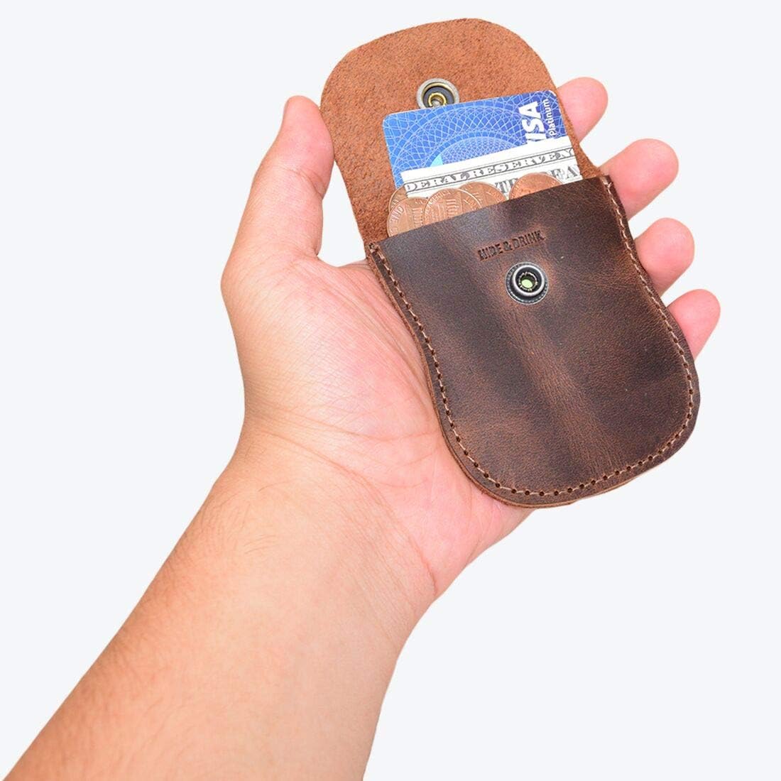 Hide & Drink, Curvy Coin Pouch, Pocket Case for Pennies, Rustic Bag, Travel Accessory, Full Grain Leather, Handmade, Bourbon Brown - Image 5