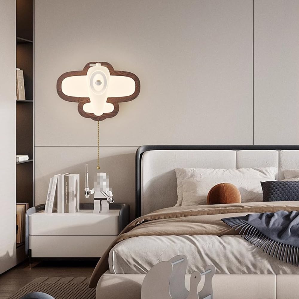 LED Wall Light Kids Room Wood Airplane Wall Sconce with Pull Chain Switch White Milk Shade Rustic Farmhouse Wall Mounted Lamp Mid Century Wall Sconce for Boys Girls Bedroom Children Nursery