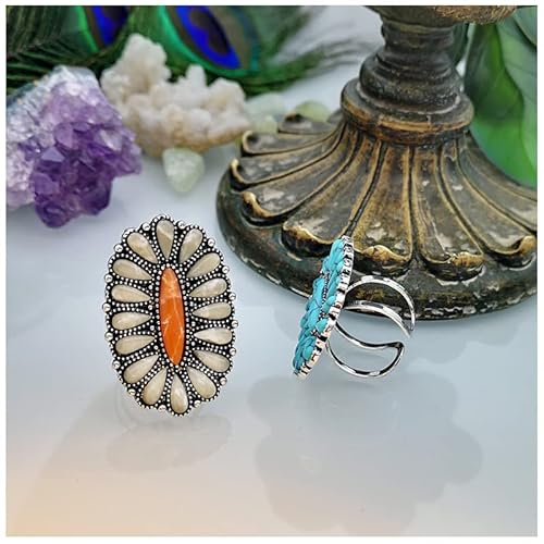 Chuu Yung Bohemian Vintage Turquoise Oval Flower Rings Geometric Ethnic Natural Stone Adjustable Silver Joint Knuckle Rings Western Cowgirl Statement Jewelry-Oval Blue thumb #2