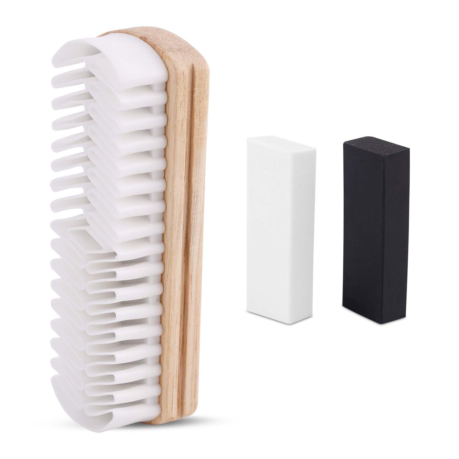 Suede Shoe Brush and 2 Eraser, Suede Rubber Shoe Cleaner with Wooden Handle Cleaning Brush for Boots Bags Jackets Purse Leather - 1