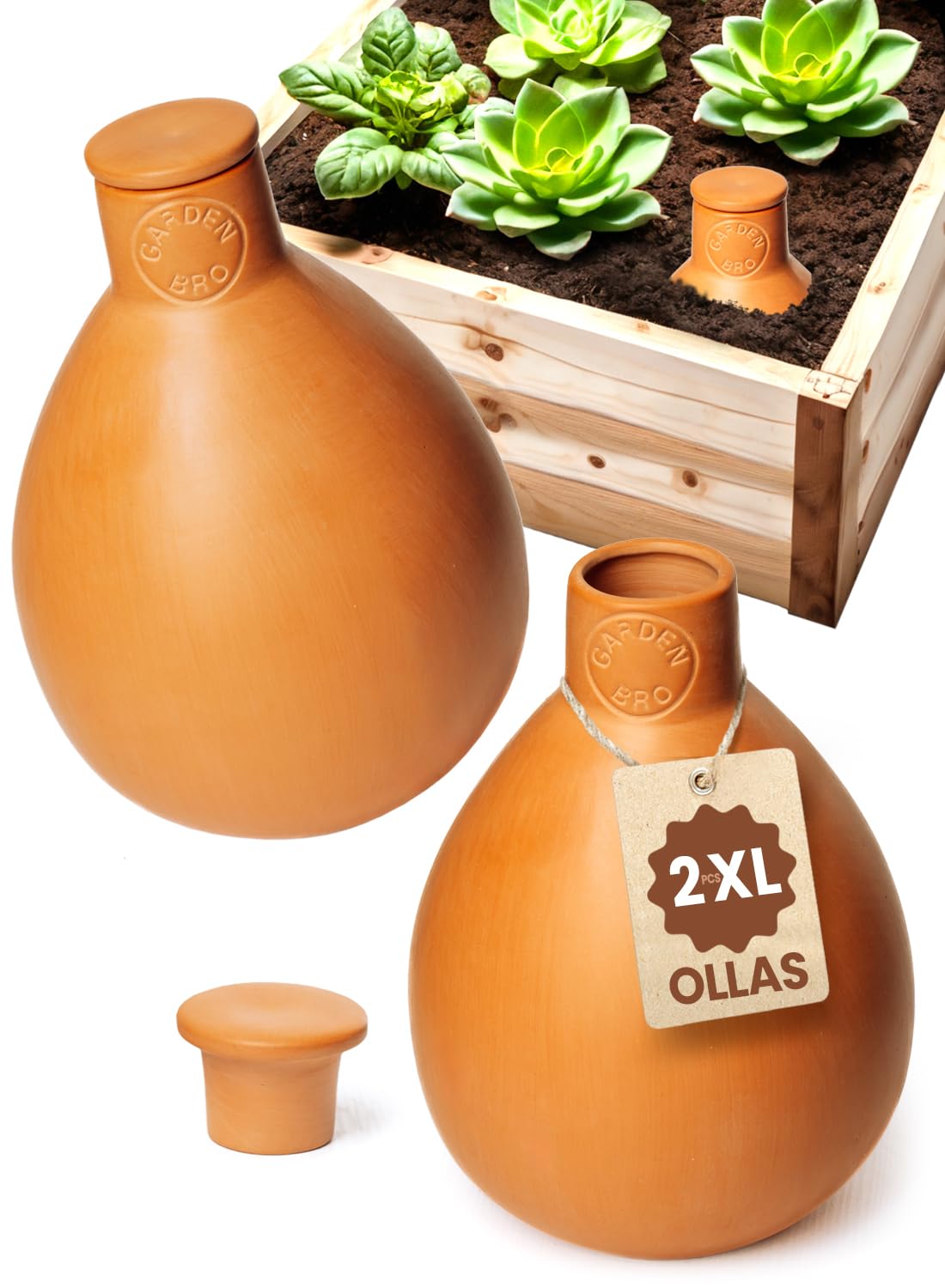 GARDENBRO Terracotta Olla Watering Pots 2pc XL 32oz