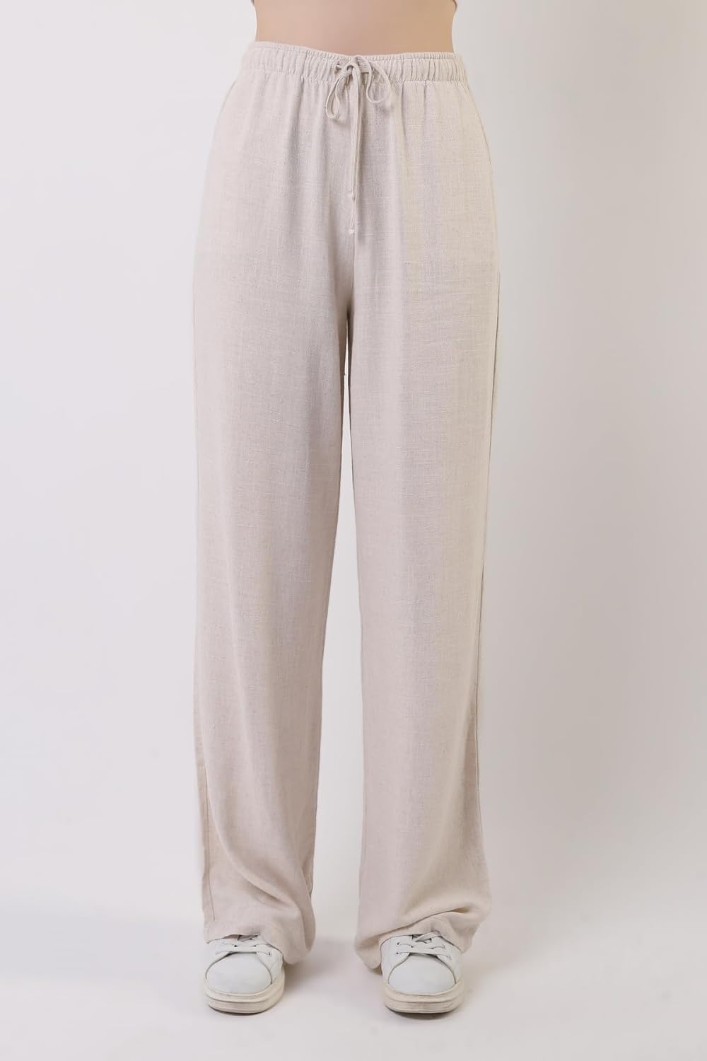 Womens Cotton Linen Palazzo Pants Drawstring Elastic Waist Casual Wide Leg Trousers with Pockets - Image 3