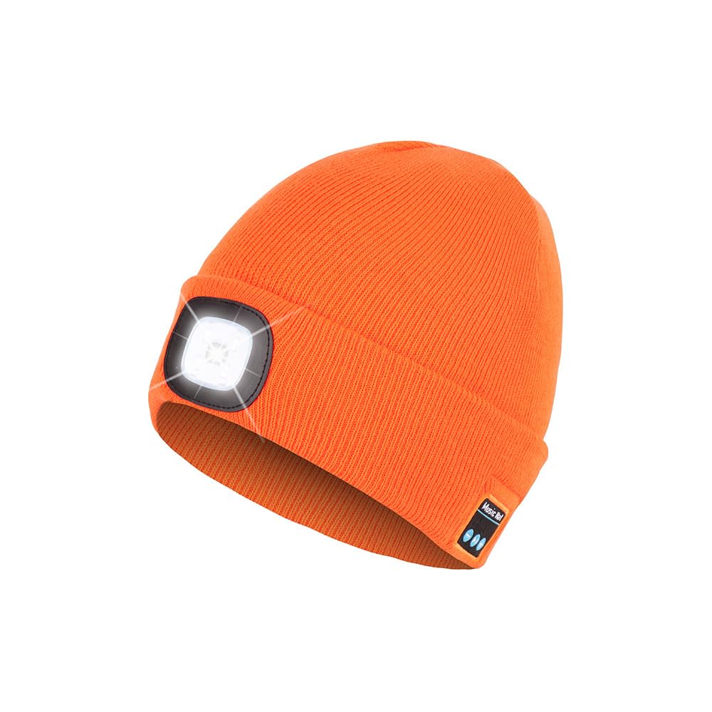 Bluetooth Beanie Hat with Light, Headlamp Cap with Headphones and Built-in Speaker Mic, Gifts for Men Women Teen, Bright Orange, One size