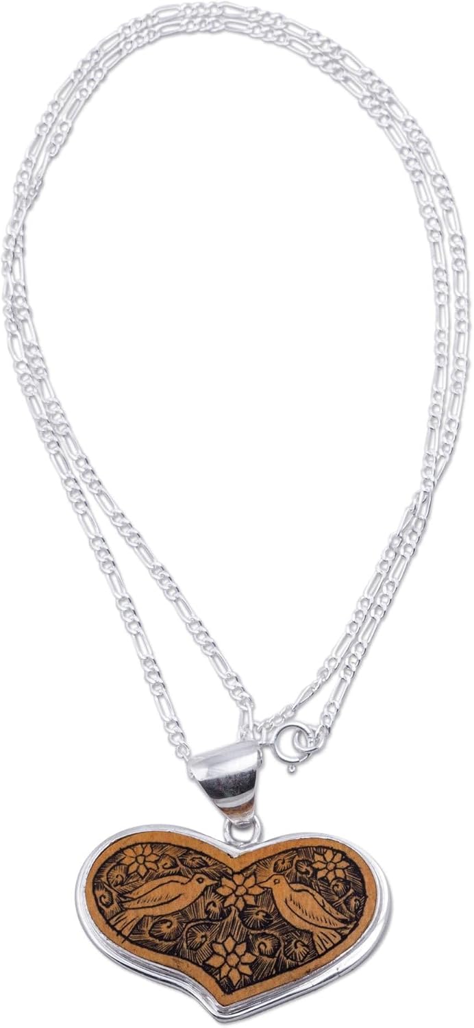 NOVICA Artisan Handmade .925 Sterling Silver Mate Gourd Heart Necklace Peruvian Shaped Pendant Bird Earthtone Toasted Almond Iced Coffee Animal Themed 'Lovebird Romance'