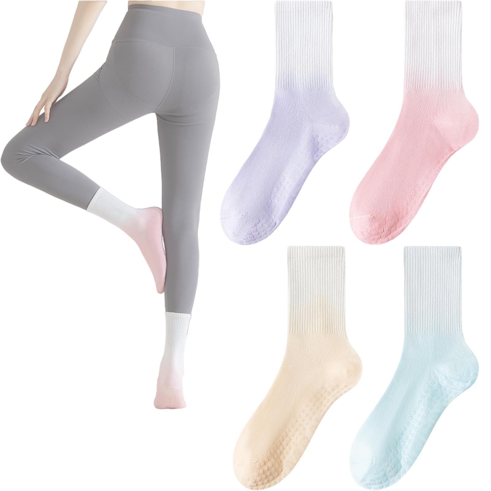 Grip Socks Women Pilates Yoga Socks Non Slip Cotton Barre Dance Hospital Running Cute Toeless Athletic Ballet Sock 4/6 Pairs (4 Pack-Ankle-Silicone-White-Pink Khaki Purple Blue)