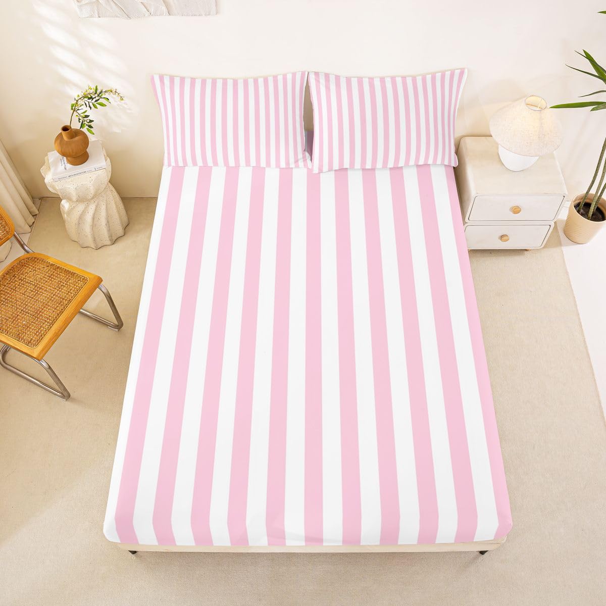 Manfei Gestreiftes Oberlaken, Queen-Size-Größe, gestreiftes Bettwäsche-Set, 4-teilig, für Kinder, Mädchen, Jungen, Teenager, Zimmer-Dekoration, moderne geometrische Linien, Spannbettlaken, rosa-weißes