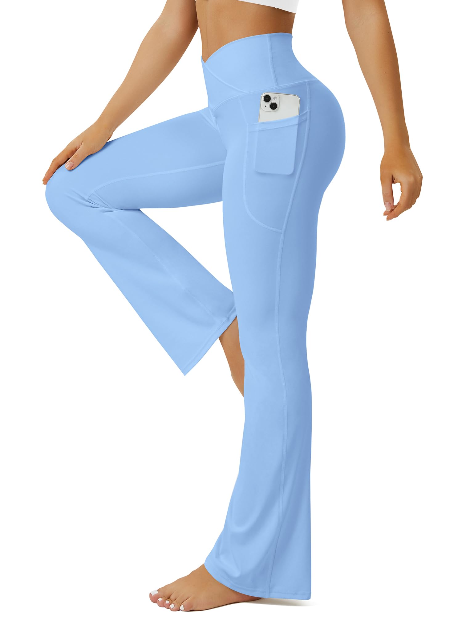 Photo 1 of ***Photo and description for reference purposes only***FOHOFO Yoga Pants Women, Flare Leggings for Women with Pockets Crossover High Waisted Bootcut Yoga Pants Sky Blue size M