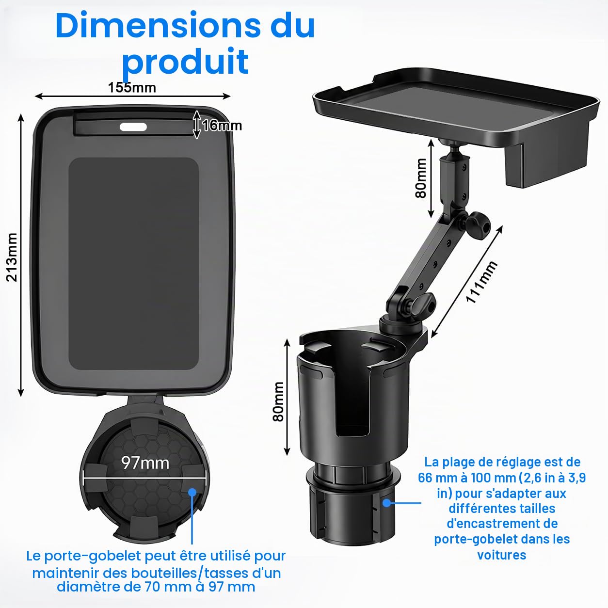 Plateau d'Extension de Porte-Gobelet pour Voiture | Antidérapant et multifonctionnel, plateau repas amovible, idéal pour les repas et voyages en voiture