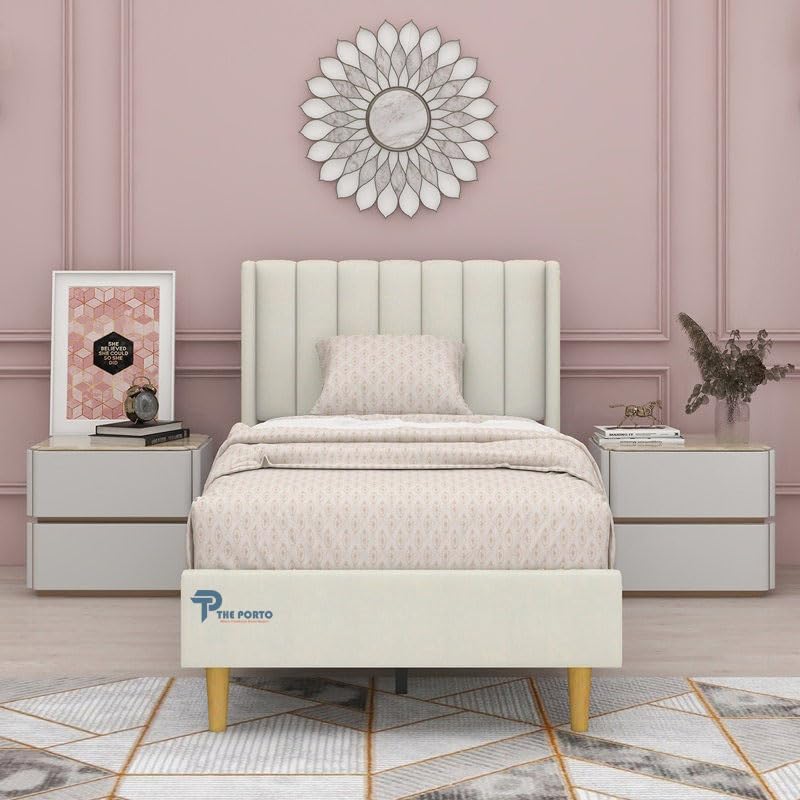 Image of Solid Wood Upholstered Single Bed for Bedroom Without Storage | Premium Fabric with Wingback Headboard | Wooden Single Bed Palang for Home | Stylish Single Cot Bed | 6 x 4 Ft, Cream