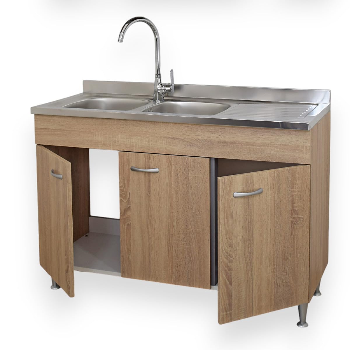 Yellowshop - Mobile cucina sottolavello a 3 ante cm 120 effetto legno rovere well componibile con lavello inox e scolapiatti Basic (Sottolavello completo piano Dx)