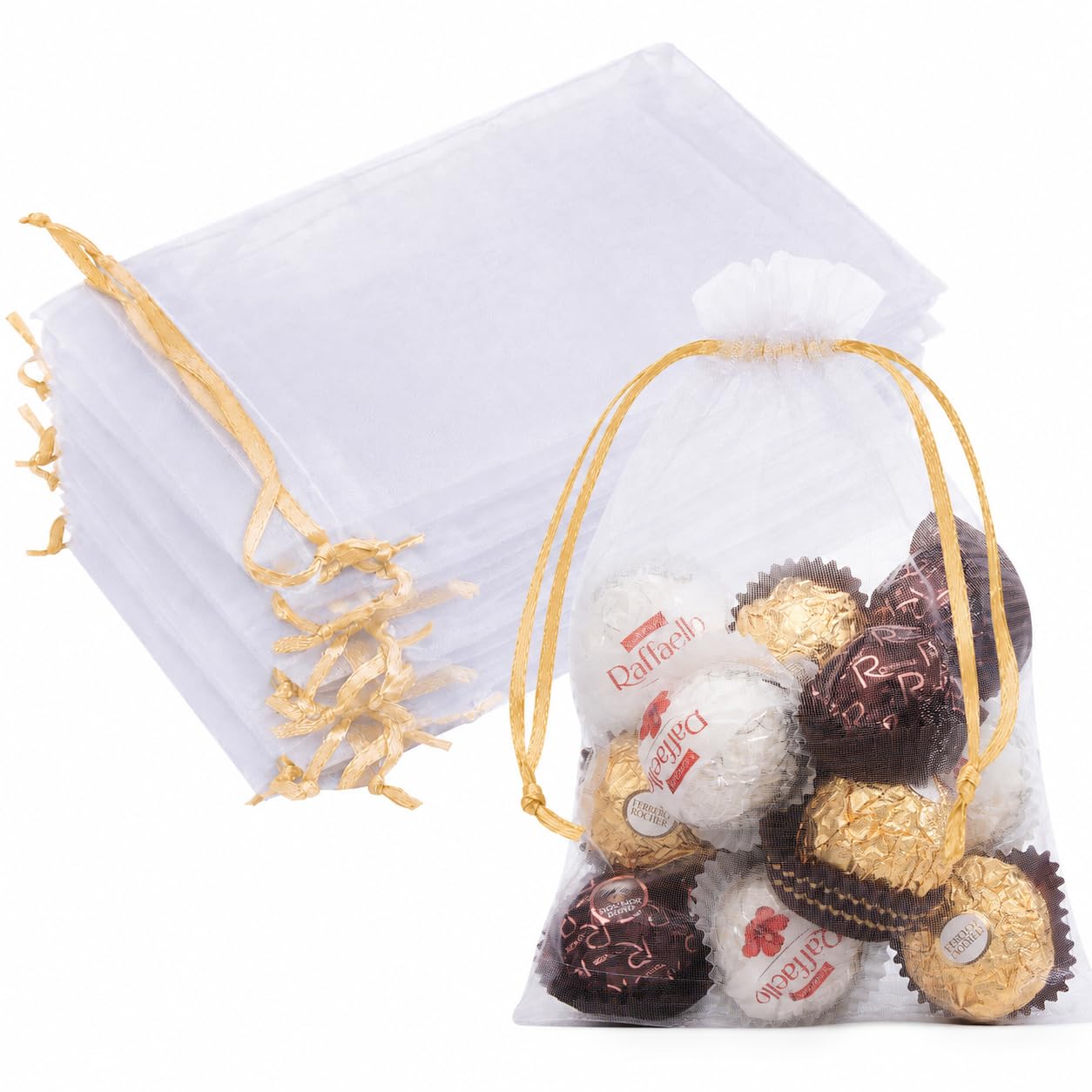 Crweety 50PCS Organza Bags 5x7 White Small Mesh Gift Bags Gold Drawstring