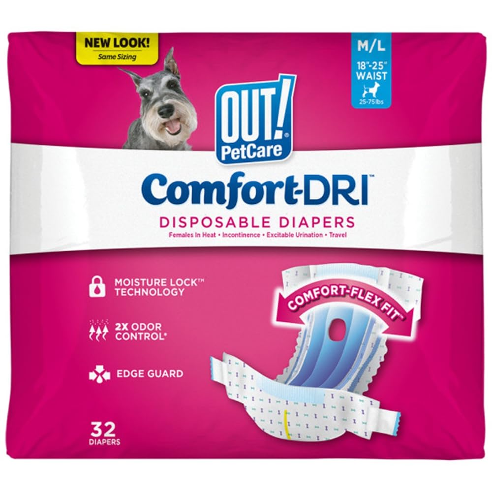 Out! PetCare Disposable Dog Diapers Female, Potty Training, Dog Diapers, Female Doggie in Heat, Puppy Training, Incontinence, Puppy Essentials 18”-25” Waist (M/L, 32ct)