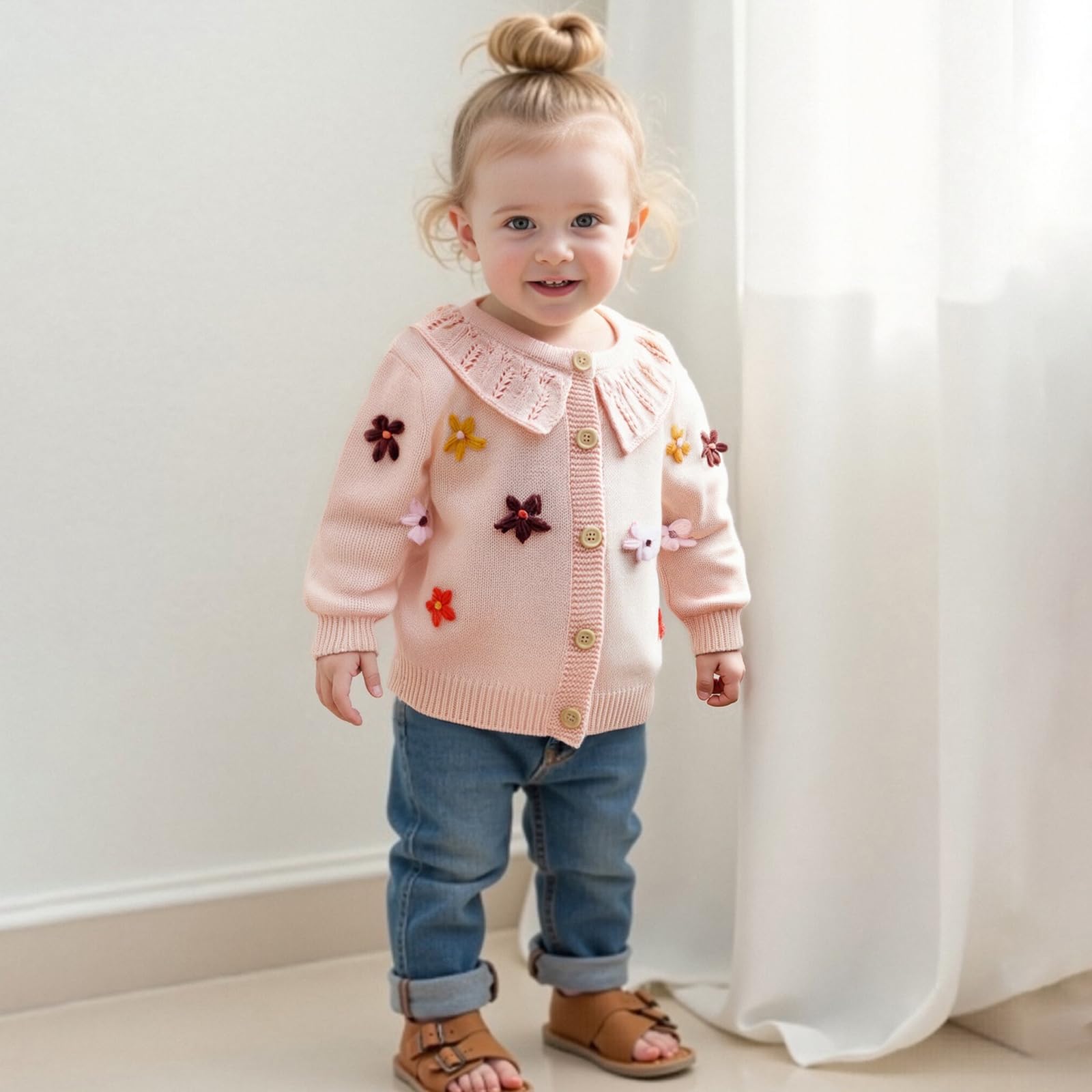 Toddler Baby Girl Fall Winter Clothes Cardigan Sweater Infant Knit Floral Knitwear Button Knitted Outwear Outfit (A Pink, 18-24 Months)