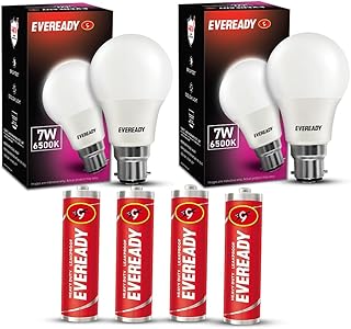 Eveready B22 Base 7-Watt LED Bulb with 4 1015 AA Carbon Zinc Batteries (Cool Day Light) - Pack of 2 Price in India