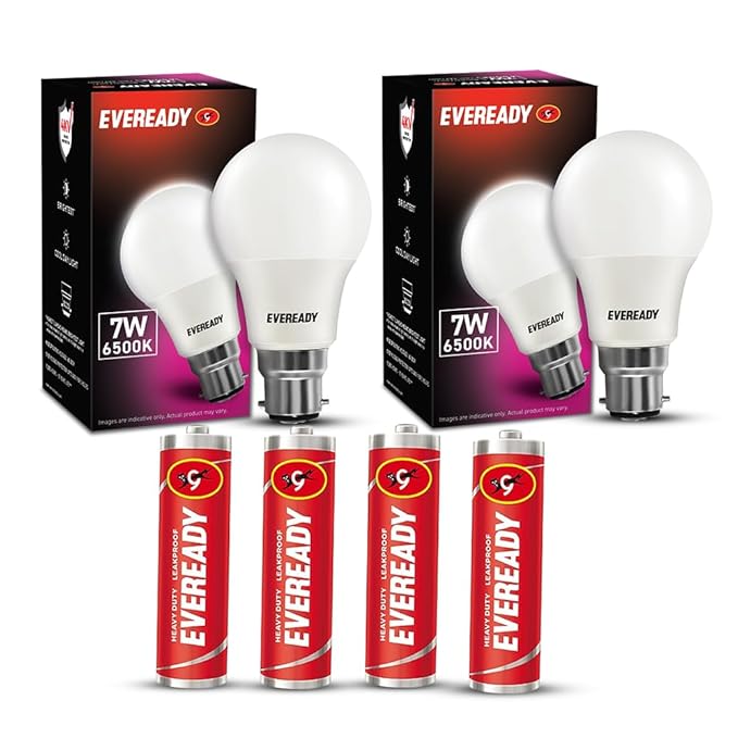 Buy Eveready 7W Led Light Bulb | Energy Efficient| With 4Kv Surge Protection For 440 V | 4 Aa Batteries Included | 100 Lumens Per Watt | Cool Day Light (6500K) | Pack Of 2 – B22D at Rs. 0