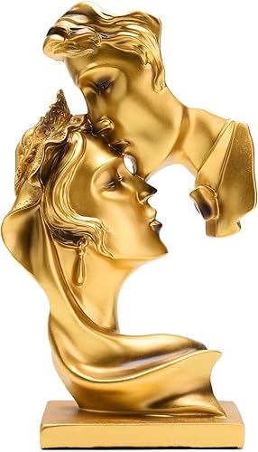 Hombre Kiss Mujer Frente Mano Estatua Resina Pareja Beso Escultura 9.8 pulgadas (H) Decoración de estantería moderna creativa Decoración Oro