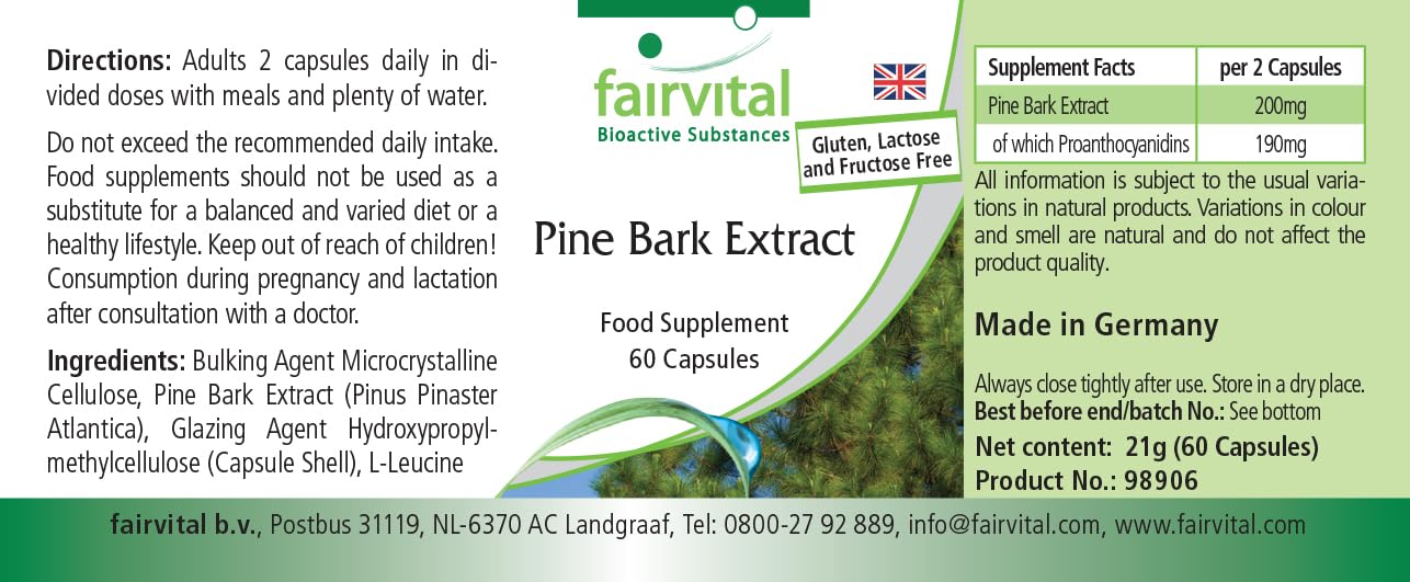 Fairvital | Estratto di corteccia di pino 100 mg - 180 capsule (60 x 3) - ad alto dosaggio - Pinus pinaster atlantica - 95% proantocianidine - VEGAN