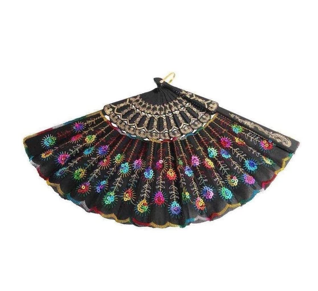 Abanico Banquete De Boda Verano 2 Uds Abanicos Plegables para Mujer, Elegante Colorido Bordado Pavo Real Patrón Tela De Lentejuelas Abanico Mano