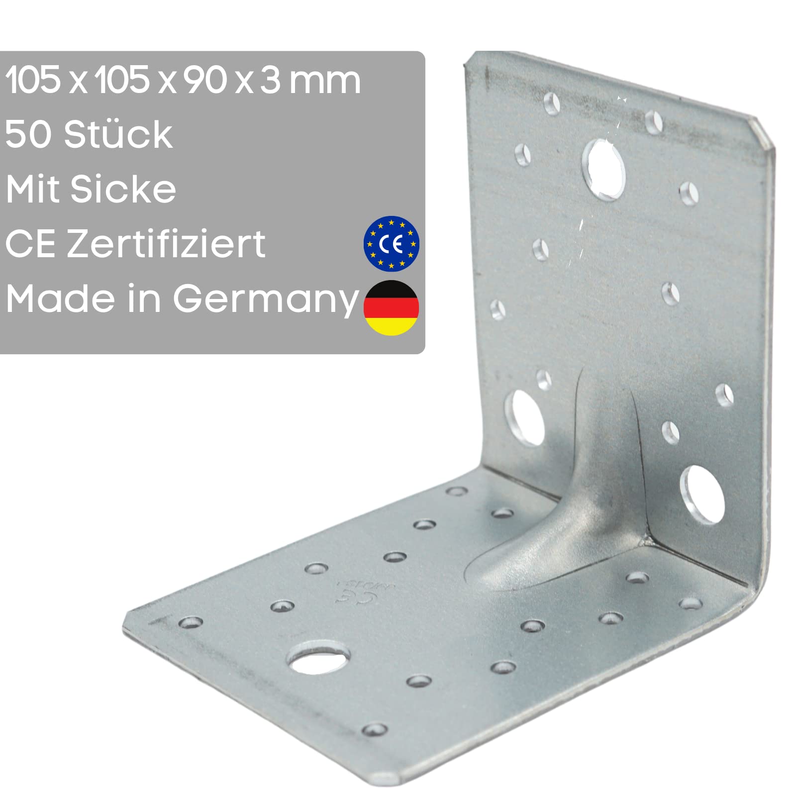FLG | Winkelverbinder mit Steg 105 x 105 x 90 x 3 mm - 50 Stück - Holzverbinder Bauwinkel Eckwinkel Lochwinkel mit E-TA Zulassung (ETA-09/0134) Feuerverzinkt (105 x 105 x 90 mm - mit Sicke)
