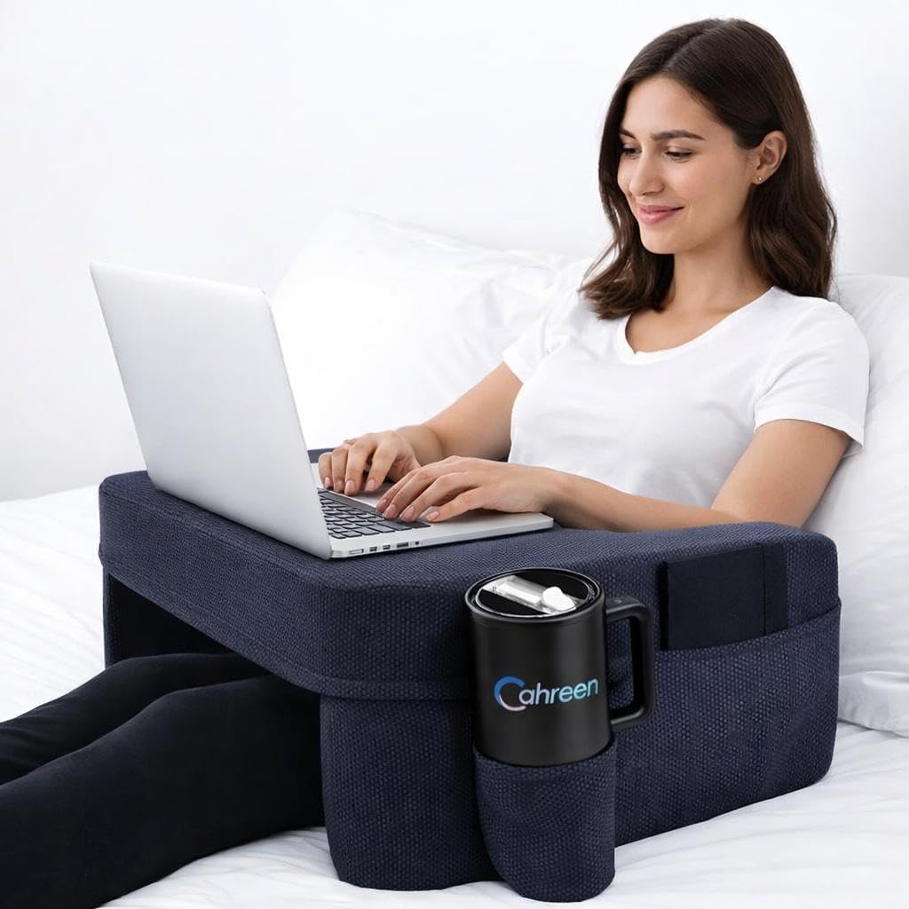 Lap Desk Pillow with 40oz Tumbler, Ergonomic Portable Laptop Desk Cushion for Bed with Arm Support, Gaming Pillow, Reading Pillow Arms, Lap Tray Cushion, Tablet & Laptop Lap Table Workstation