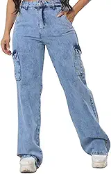 Calça Jeans Azul Claro Cargo Wideleg Cintura Alta