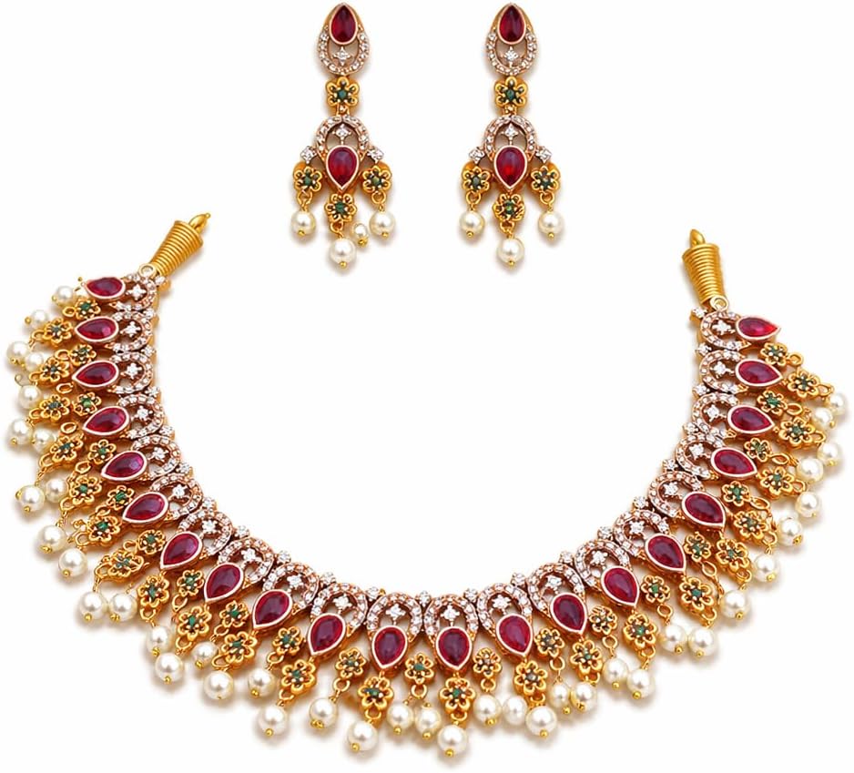Traditional Gold Plated Minimal Ruby Kundan Necklace Set for Girls And Women |South Indian Bridal Wedding Choker Necklace with Pearl Drops & Matching Earrings | Premium Lightweight Ethnic Jewellery | Reasonable Price