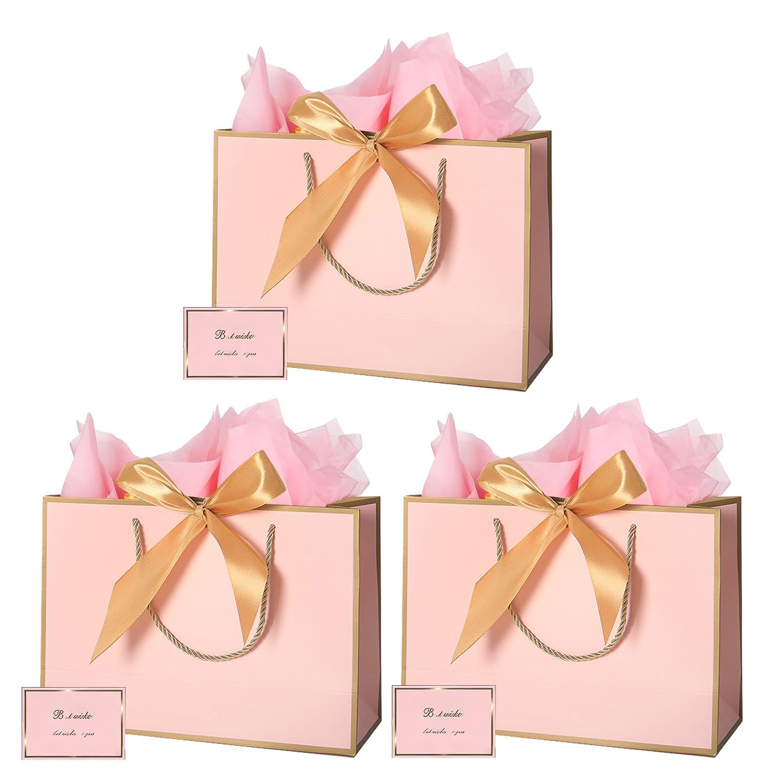 3pcs Pink Gift Bag,Present Bag with 3 Cards Tissue Paper,Birthday Gift Bags Party Bags for Girls Women Christmas Valentines Bridesmaid Wedding, 28x20x10cm PaperBags with Handle(Pink & Gold)