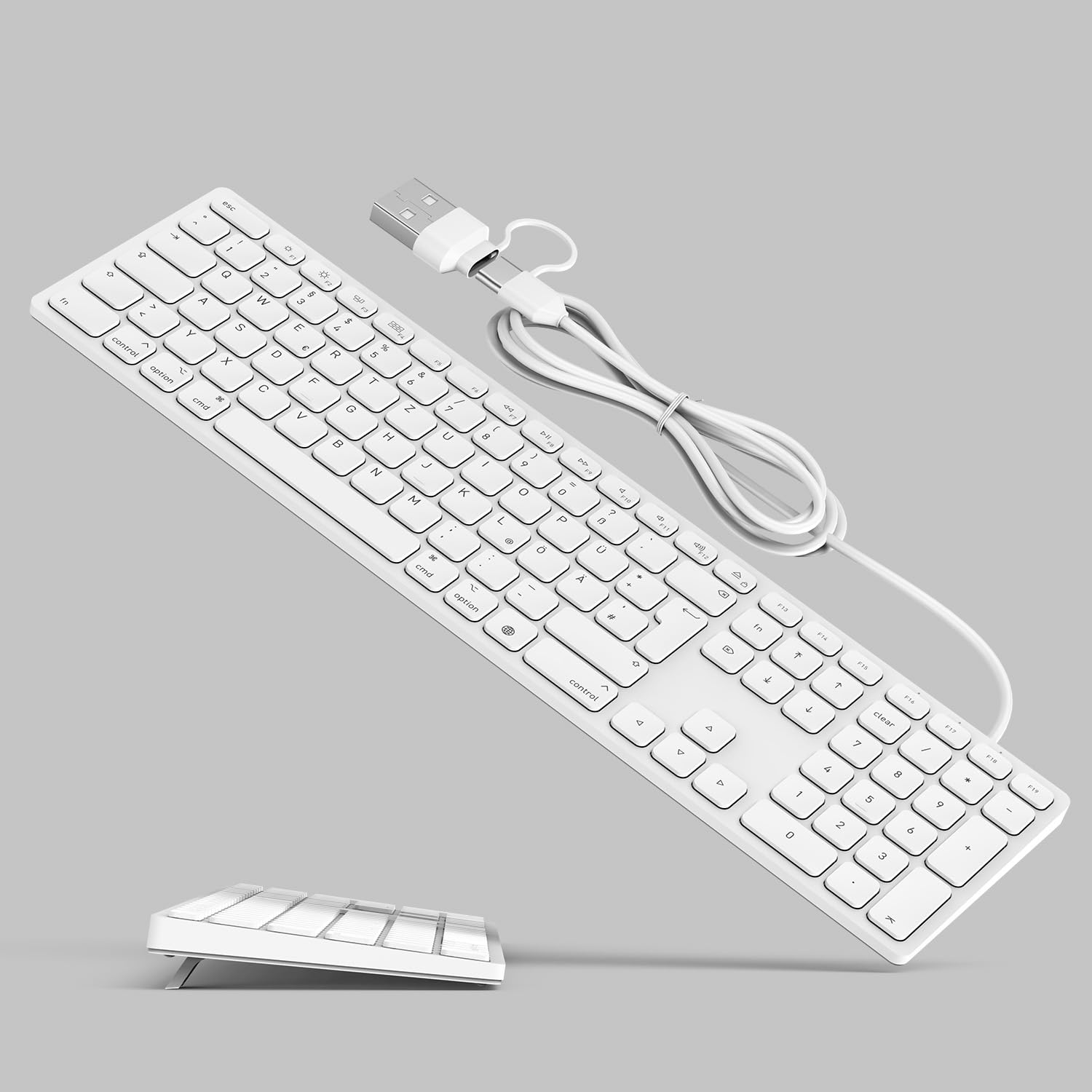 Yivandi Kabelgebundene Tastatur in voller Größe für Mac OS – Integrierter Faltbarer Ständer, QWERTZ Layout, Kabelverbindung über USB-A+C-Anschluss, Plug-and-Play für iMac/Mac mini/MacBook-Laptop