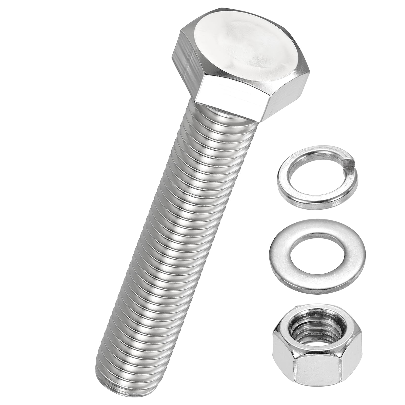 Kozelo 16 Pcs Bolts and Nuts Washers Kit - [M12-1.75x65] 304 Stainless Steel Hex Tap Bolt Assortment Fully Threaded Hexagon Head Machine Bolt Right Hand External Hex Drive, Silver Tone — image 1