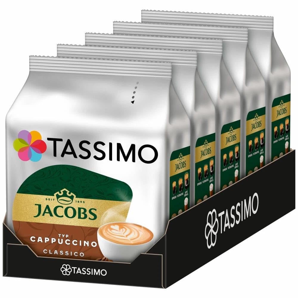 BOSCH Tassimo Jacobs Cappuccino, kapsułki z kawą, palona kawa mielona, 5 x 16 sztuk T-Discs