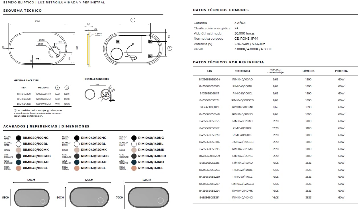 Mice - Espejo Elíptico - Aumento x3 con Luz LED - Doble Iluminación Sensor On/Off, Antivaho, 3 Tonos LED - Espejo para Vestidor - Centro Estetica - Baño Marco Aluminio Negro Mate 100x55cm